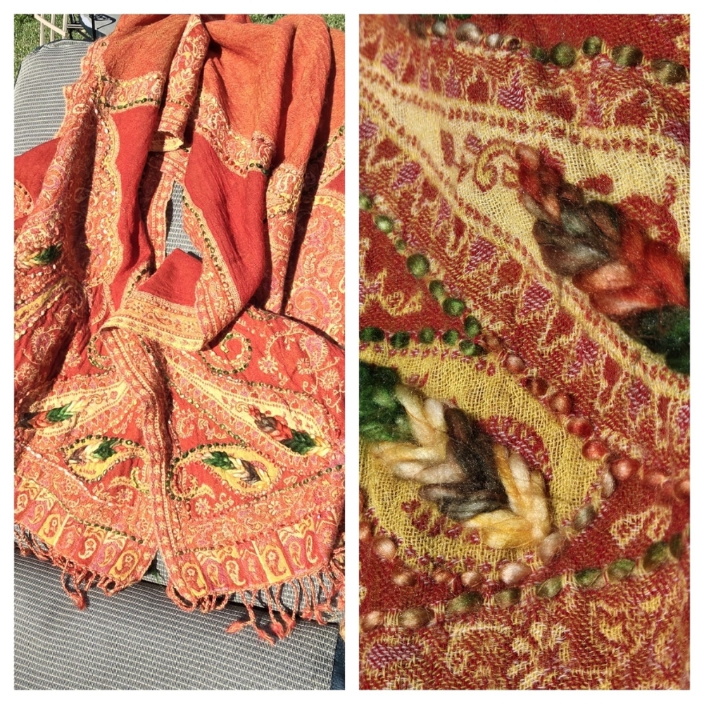 Shawl wool floral embroidered kalahari shawl scarf 68” x 26”